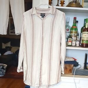 Jones And Co. Linen Cream and Brown Striped Tunic Button-Up Shirt Size Small